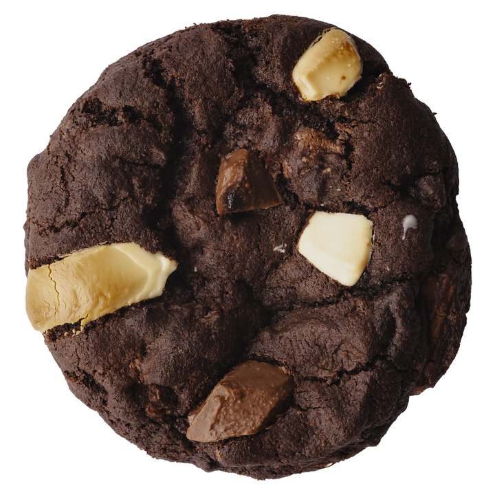 A real Triple Chocolate cookie with dark and white chocolate chunks