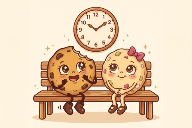 Chewy and Bite waiting on a bench under a clock